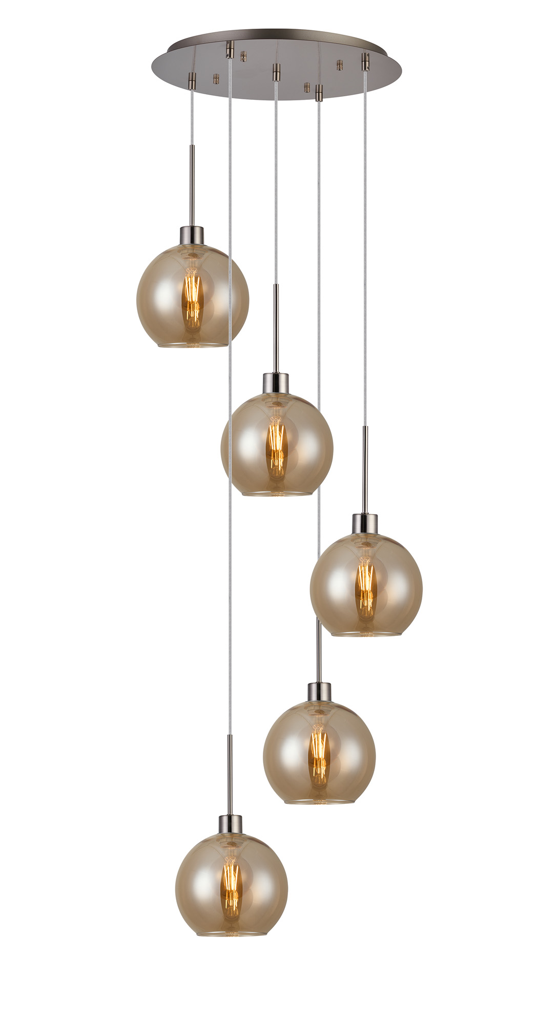 DK1380  Lori 45cm Round Pendant, 5 Light Adjustable E27, Satin Nickel/Amber Open Mouth Round Globe Shades
